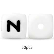 50顆 12mm 矽膠白色底黑色字母珠 DIY 鑰匙圈穿孔珠，週年紀念禮物製作姓名字母珠 - 黑與白 - 查看 18