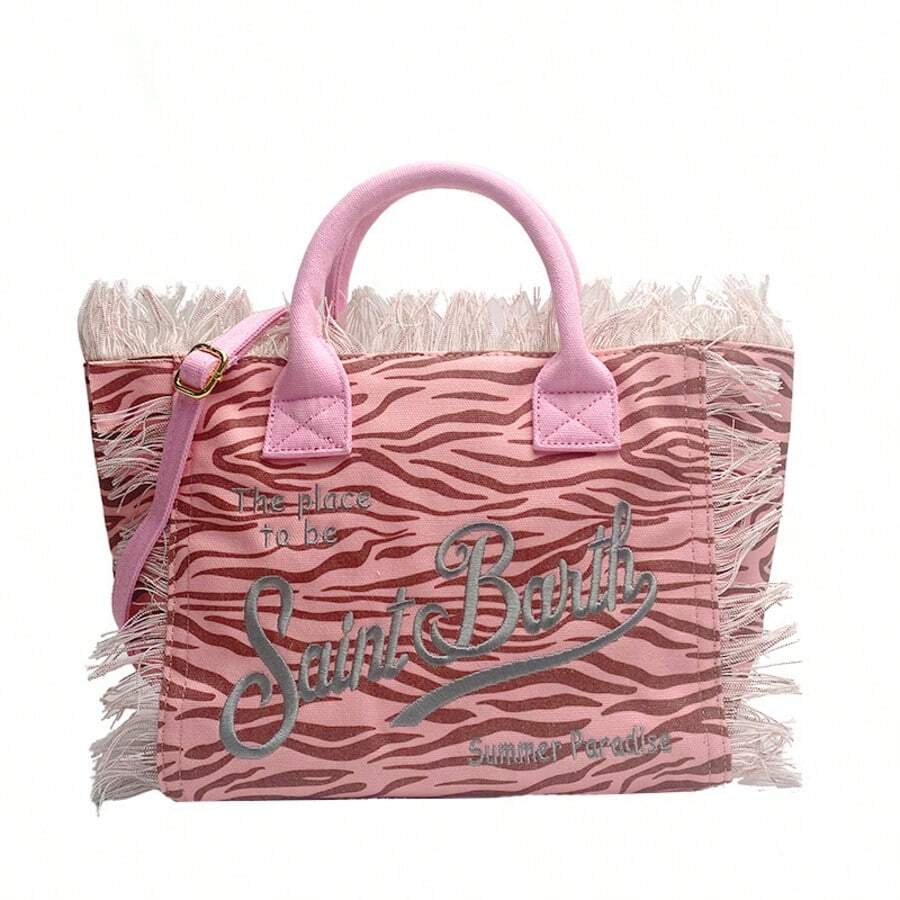 Large-Capacity Shoulder Bag, Handbag, Canvas Beach Bag With Tassels, Travel Bag, Street Bag - 2 - View 1