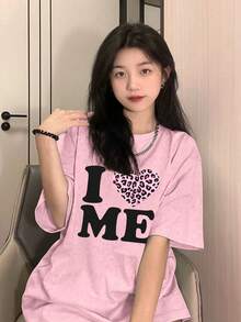 Heart Confession Print Short Sleeve T-Shirt, Casual Loose Multi-Purpose Fashion Top, Summer New Style - Spotted - Pink - View 3