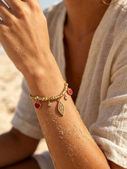 Leaf Charm Snake Chain Bracelet, Titanium Steel Gold Plated, Vintage French Daily Wrist Jewelry, Hypoallergenic Adjustable Crystal Dangling Bracelet