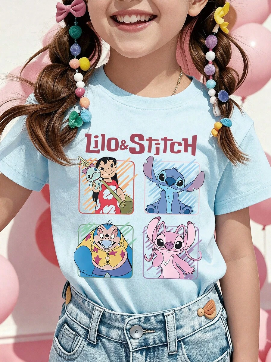Disney Lilo Stitch Angel And Scrump Graphic Tee For Girls Cute Cartoon Short Sleeve T Shirt Soft Casual Summer Daily Wear - 淺藍色 - 查看 1