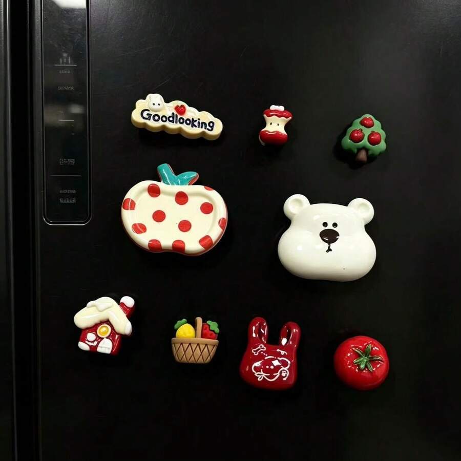 Each Set Contains 6 Or 9 Cartoon Apple Bear Fridge Magnets. These Exquisite Fridge Magnets Are Excellent Creative Gifts That Can Be Used To Decorate The Kitchen, Whiteboard, Storage Cabinet, Refrigerator, And Also For Home Decoration. - Style a - View 1