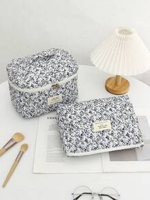 3pcs Set Pastoral Floral Makeup Bag Set, Desktop Makeup & Skincare Organizer For Accessories, 3 Scientific Sizes Large/Medium/Small To Neatly Store Powder, Lipstick, Earphones And Travel Bottles, Soft Skin-Friendly Fabric With Padded Lining For Basic Shock Protection To Prevent Daily Scratches, Also Can Be Used As Coin Purse Or Mini Crossbody Bag - Multicolor - View 5