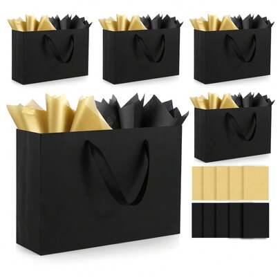 Black Small Gift Bags With Handles And Tissue Paper, 8x5x10 Inch 4 Pack Paper Bags, Suitable For Men, Women, Birthday Party, Baby Shower, Wedding, Father's Day, Anniversary, Holiday (Random Wrapping Paper Color)