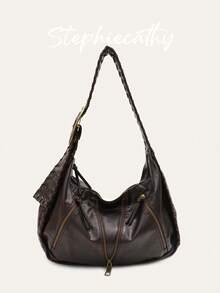 STEPHIECATHY Large Women Single Wide Woven Shoulder Bag PU Leather Y2K Retro Distressed Eyelets Adjustable Strap Zip Decor Pillow Hobo Handbag Daily Travel Commute - Multicolor - View 6