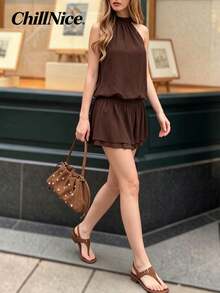 Vestido elegante de mujer color café con cuello halter, espalda abierta, cuello con lazo, dobladillo con volantes de doble capa, vestido corto de verano para vacaciones, salir y uso dia - Marrón - Ver 1