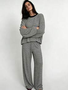 Women's Striped Loungewear Set, Round Neck Long Sleeve Loose Top + Wide Leg Pants, Soft Casual Pajamas For Daily Wear - Black - View 3
