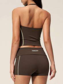 TimeOff Conjunto deportivo de mujer de un solo color con tirantes ajustables, top de tirantes y pantalones cortos de pierna ancha de longitud media - Café integral - Ver 10