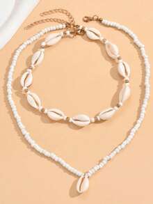 2pcs Bohemian Style Beaded & Shell Charm Multi-Layer Necklace For Women - White - View 3