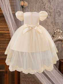 Vestido de niña de flores con mangas abullonadas, apliques de cuentas y cola de tul color champán, adecuado para recital de piano y fiesta de noche, con perlas falsas incrustadas al azar, diadema no incluida - Champán - Ver 5