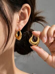 Gold Round Hoop Earrings Series, Stainless Steel Texture/Shell/Heart Geometric Hoop Earrings, Hypoallergenic Women's Daily Wear Accessories - Multicolor - View 6