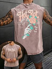 Summer Men Coffee Brown Washed Streetwear Brand Street 100% Cotton Sleeveless Tank Top Vonss Dutchss Rose And Skeleton Hand Print Y2K Fathers Day Gift - 咖啡棕 - 查看 1