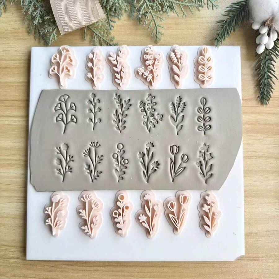 1/6pcs Leaf And Flower Series Print Mold Set, Polymer Clay Printing Tool Set, DIY Jewelry Pendant Handmade Clay Art Tools, DIY Soft Ceramic Earring Molds, Suitable For Unique Pendants, Ideal Choice For Handmade Jewelry Making - Apricot - View 1