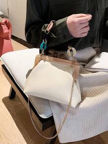 女款時尚條紋人造皮革斜挎貝殼包，優雅單肩包，適合約會、購物、通勤與工作 - 白色 - 查看 2