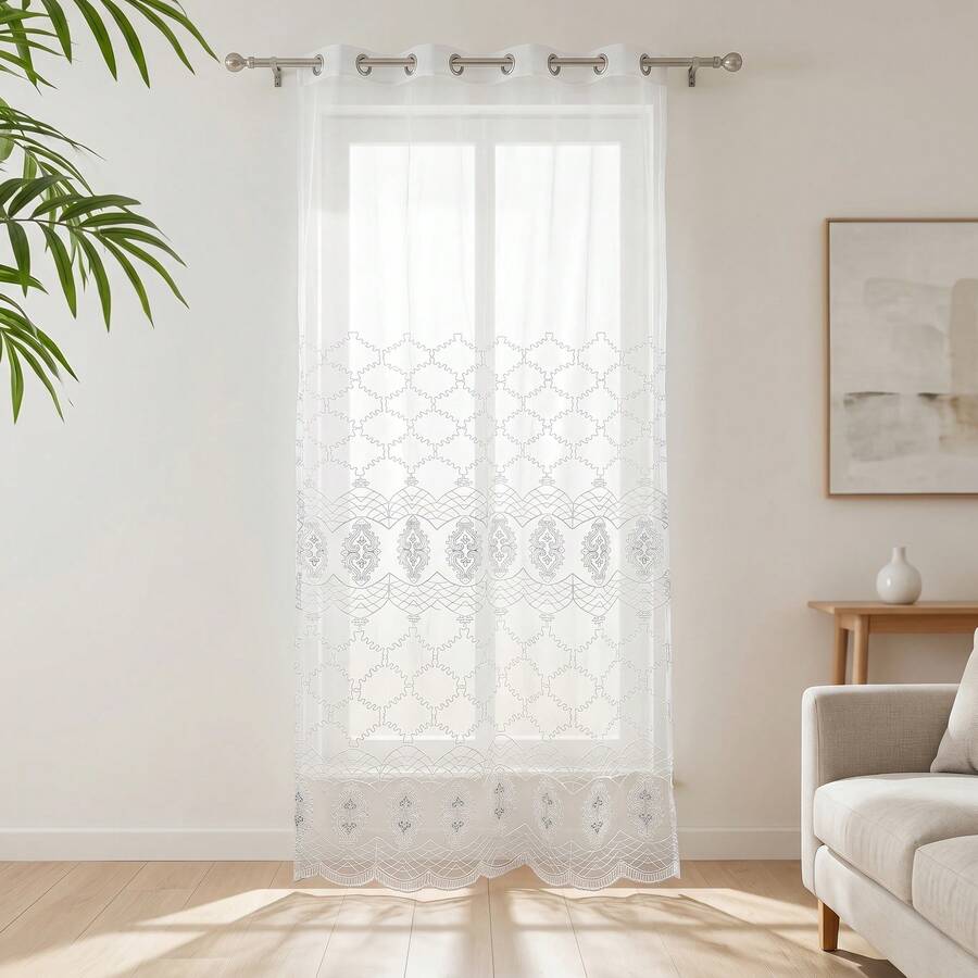 1pc Pure White Segmented European Diamond Pattern Embroidered Semi-Sheer Curtain, Minimalist French Country Style Polyester Long Grommet Sheer, Wavy Lace Heavy Embroidery, Soft Light-Filtering Dust-Proof Partition Gauze, Suitable For Home Decor, Bedroom, Balcony, Living Room All-Season Daily Decoration - Multicolor - View 1