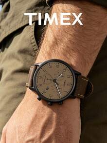 Timex Men's Vintage Chronograph Watch Beige Dial Triple Subdial Date Quartz Watches Suede Leather Strap Hiking Camping Outdoor Adventure Boyfriend Gift - 棕色 - 查看 2