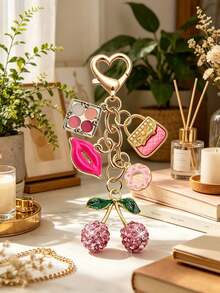 Elegant Exquisite Diamond Inlaid Cherry Pendant Keychain, Makeup Theme Pendant, Y2K Style, With Cute Pink Cherry, Rose Lips, Eyeshadow Palette And Donut Design, Summer Pink, Suitable For Backpack, Handbag, Wallet, Beach Bag, Phone Charm - Multicolor - View 9