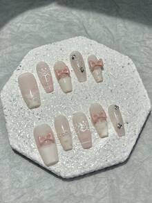 10片春夏甜美性感手工可穿戴美甲粉末手繪蕾絲蝴蝶結假指甲 簡約法式風美甲用品（含1片果凍貼+1個指甲锉） - 藕粉色 - 查看 12