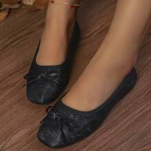 Women's Chinese Style Dark Pattern Jacquard Fabric Glossy Thin Strap Bow Decor Square Toe Low Vamp Flat Shoes French Gentle Commute Daily All Seasons Black Faux Satin Soft Sole Slip-On Granny Shoes - Black - View 2
