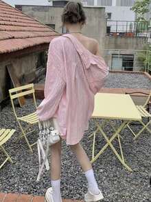 女款素色休閒百搭日常穿著襯衫 粉紅色 - 粉色 - 查看 5