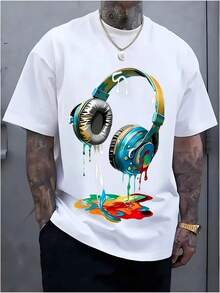 Camiseta Hombre Estampado Auriculares Moderno, Diseño Elegante para Uso Diario y Look Semi Formal - Blanco - Ver 1