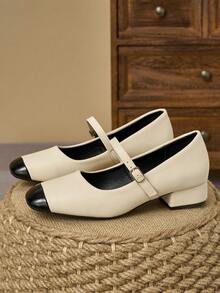 MonaNise Square Toe Low Block Heel Work Pumps - Black and White - View 4