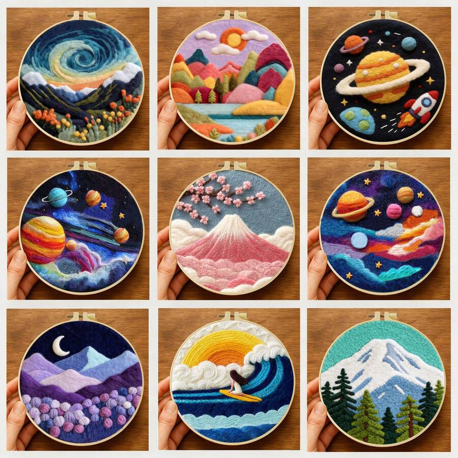 初學者針氈套裝，9款平面設計由簡單到複雜：花卉、風景、星空，適合新手與熟練手工藝者，含泡沫墊、氈毛、繡框與指南，DIY羊毛繪畫套組，居家裝飾飾品，20x20cm/7.87in，送禮佳品
