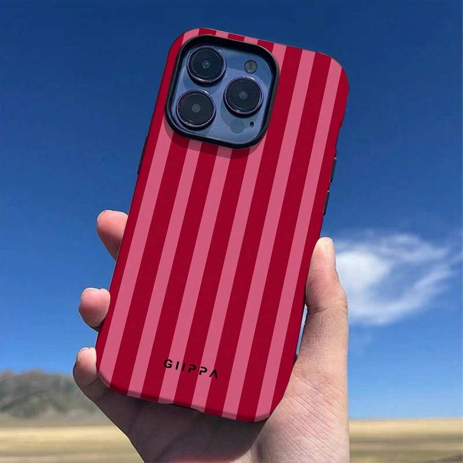 Una elegante funda para teléfono que no incluye cordón ni soporte. Funda para teléfono Pink Fashion a prueba de golpes con diseño de rayas rojas, 1 pieza, compatible con 17 Pro, 16 Pro, 15 Pro, 14 Pro. Funda para teléfono coreana elegante e interesante, compatible con 11/12/13/14/15/16 Pro Plus. Diseño elegante adecuado tanto para hombres como para mujeres. Regalo para novia. Versión internacional, no la versión nacional. para primavera, Pascua, cump - Rojo - Ver 1