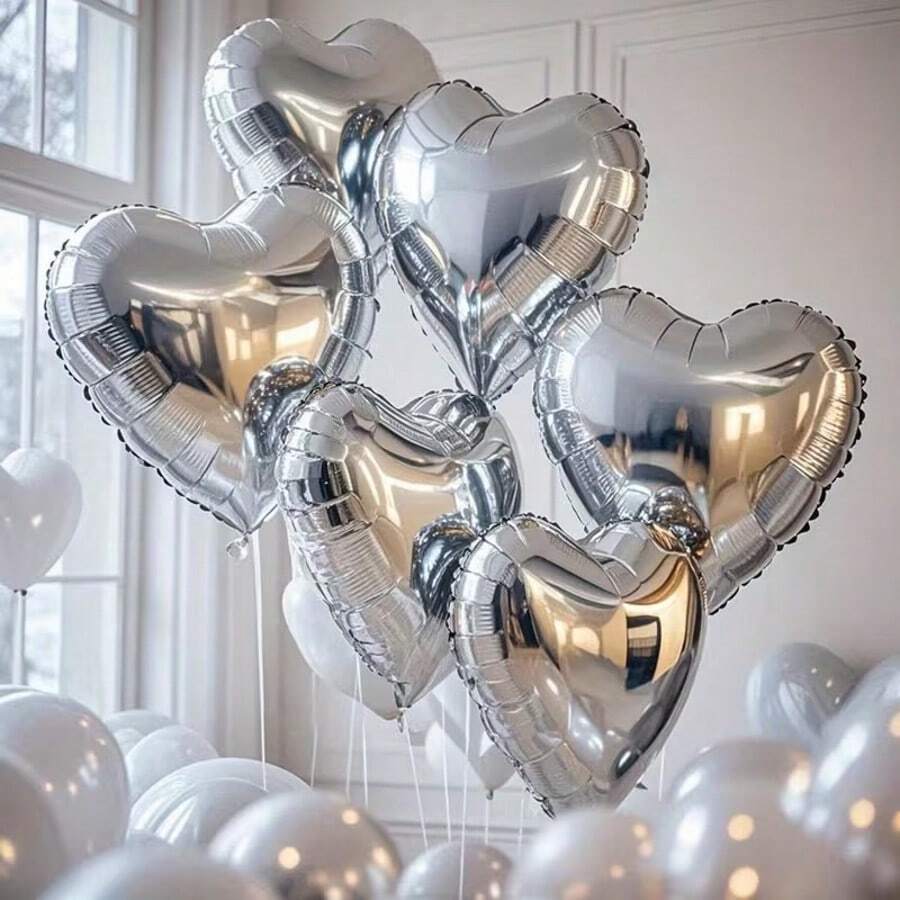 10pcs 18 Inch Silver Foil Heart Shaped Balloons Set, Perfect For Birthday Or Wedding Celebration Decorations (Ribbon Not Included) - View 1