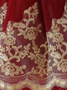 女嬰刺繡蝴蝶婚禮花童公主禮服附拖尾，適合派對與度假，布料花卉圖案隨機裁切，不含髮箍 - 酒紅色 - 查看 10
