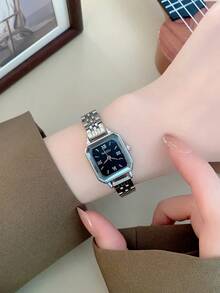 1件女款橢圓形銀色黑色方形金色錶盤石英休閒手錶，適合日常佩戴 - 黑色 - 查看 4