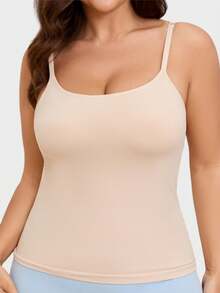 Plus Size Women Spaghetti Strap Tank Top With Built-In Bra Pads, One-Piece Padded Sleeveless Cami, Soft Stretch Invisible Daily Basic Camisole - Apricot - View 4