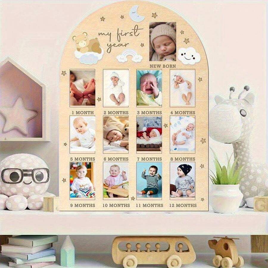 2D Flat First Year Photo Wall, Commemorative Photo Frame, Floral Decorated Wooden Frame, Suitable For Baby Birth To One Year Old Photos, Decoration. No Electricity Required - A - View 1