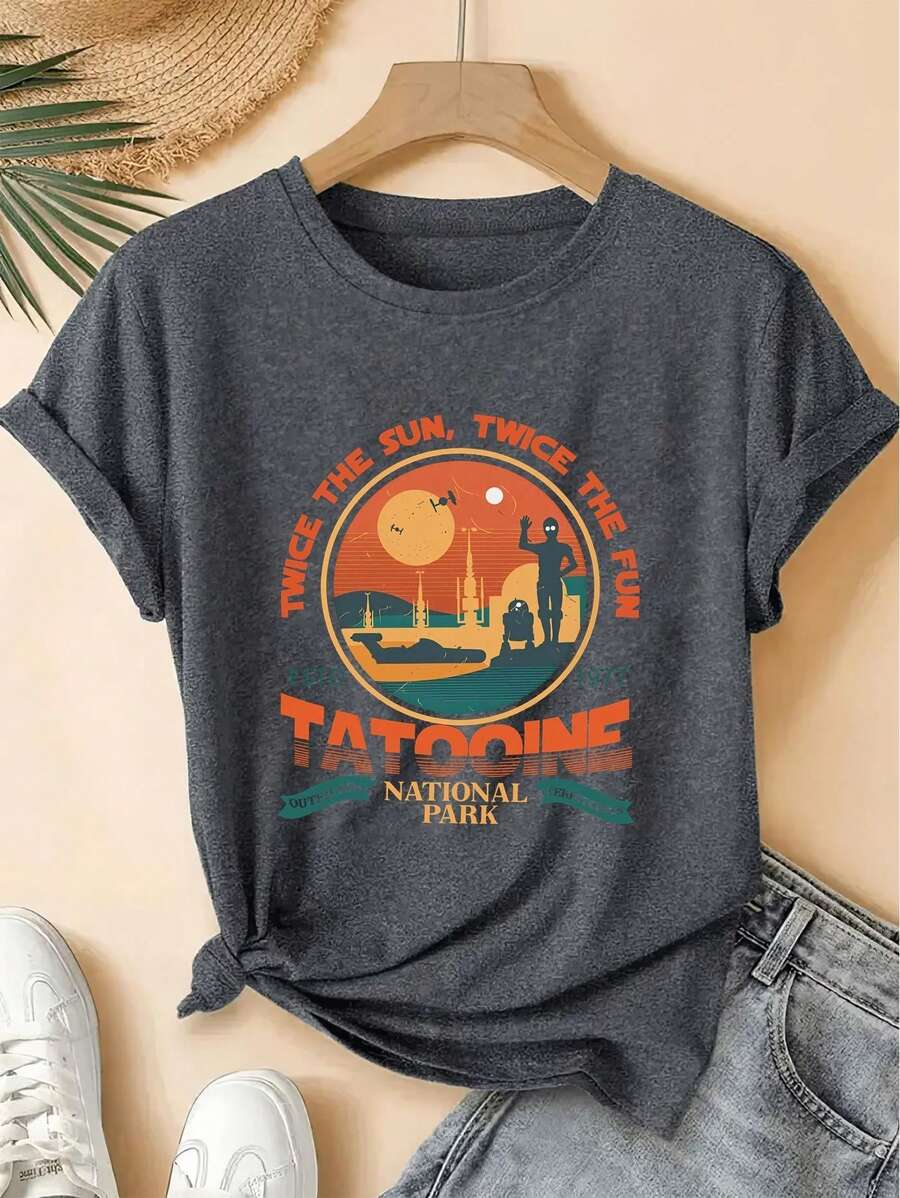 Unisex T-Shirt With Round Neck And Natural Park Print, 180g Cotton, Korean Style, Casual Summer Clothing For Everyday Wear - 深灰色 - 查看 1