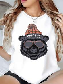 Oso con gorro naranja y gafas de sol con la palabra Chicago camiseta de mujer casual moderna cómoda para uso diario - Blanco - Ver 8