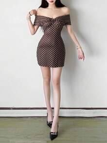 Top Dazzle Women's Sexy Polka Dot Short Sleeve Off-Shoulder A-Line Mini Dress, Backless Knit Fabric Party Sun Dress - Brown - View 6