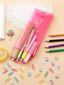 1PC Shiny Transparent Button Pencil Case | Holographic Transparent PVC Storage Bag, Stationery Pouch, Back To School Season - Multicolor - View 5