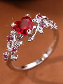 1pc Fashion New Red Heart-Shaped Cubic Zirconia Inlaid Ring, Engagement Jewelry Suitable For Women, Gift For Family/Friends/Lovers/Valentine's Day - Red - View 7