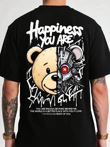 1pc Camiseta de manga corta para hombre con estampado gráfico "You Are Happiness", diseño de oso robot, estilo casual urbano, talla grande 4Retro. Camiseta casual de manga corta con cuello r - Negro - Ver 1
