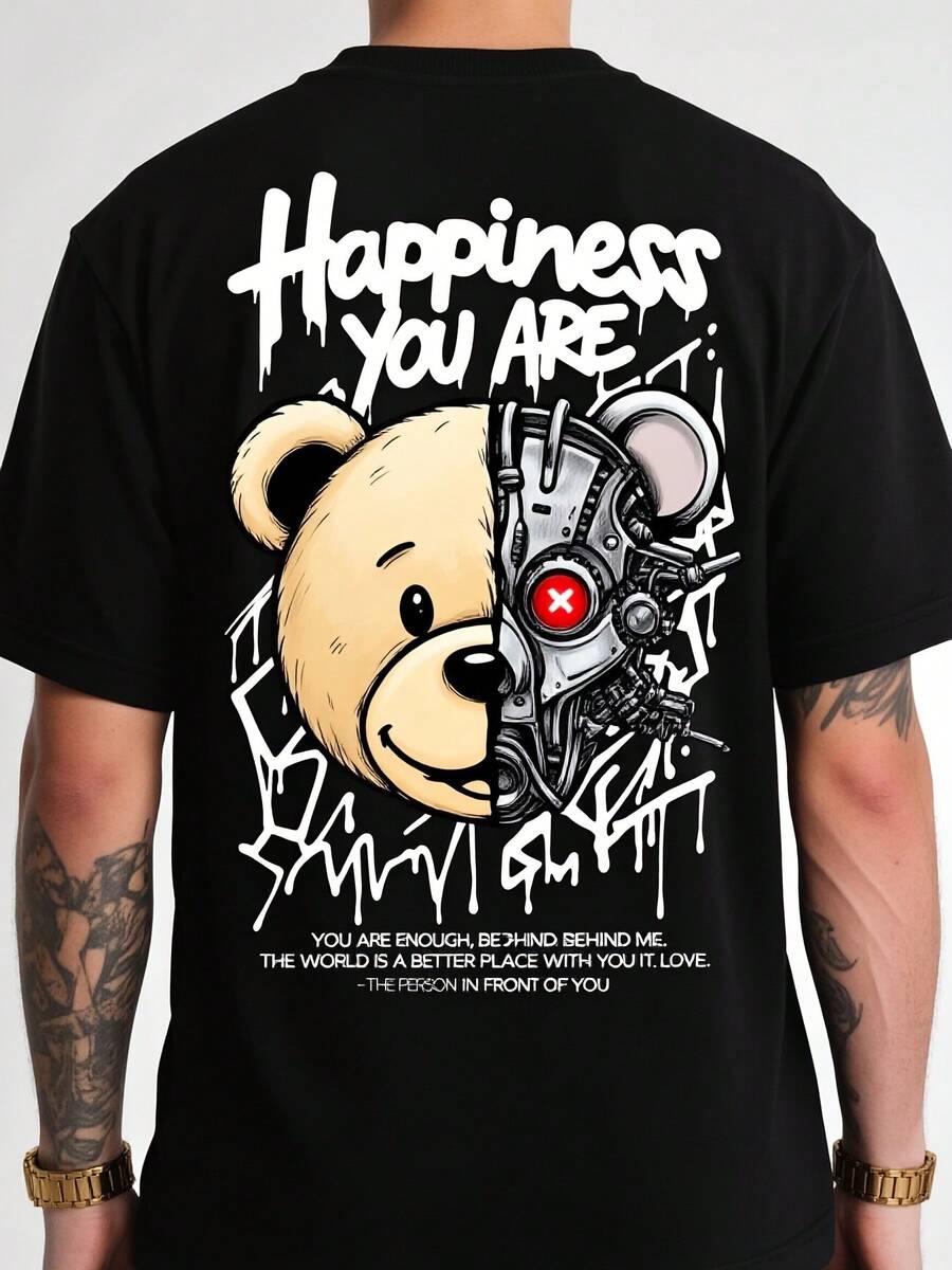 1pc Camiseta de manga corta para hombre con estampado gráfico "You Are Happiness", diseño de oso robot, estilo casual urbano, talla grande 4Retro. Camiseta casual de manga corta con cuello r - Negro - Ver 1