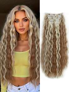 6pcs 24 Inch Black & Brown Clip-In Hair Extensions, Long Mermaid Wave Synthetic Fiber Clip-In Hair Extensions For Women - Multicolor - View 14