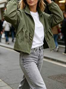 Women's Short Jacket, Full Zip Woven Fabric Long Sleeve Flight Jacket, Suitable For Autumn Wear - Green - View 3