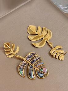 1Pair Summer Turtle Backed Leaves Abalone Shell Earrings For Women Stainless Steel Dangle Earrings For Travel Vacation Season Festival Jewelry Gifts - Multicolor - View 7