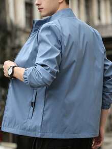 Men's Light Blue Solid Color Stand Collar Zip-Front Casual Jacket, Elastic Cuffs Side Pockets Lightweight Daily Commute Windproof Outerwear - Blue - View 3