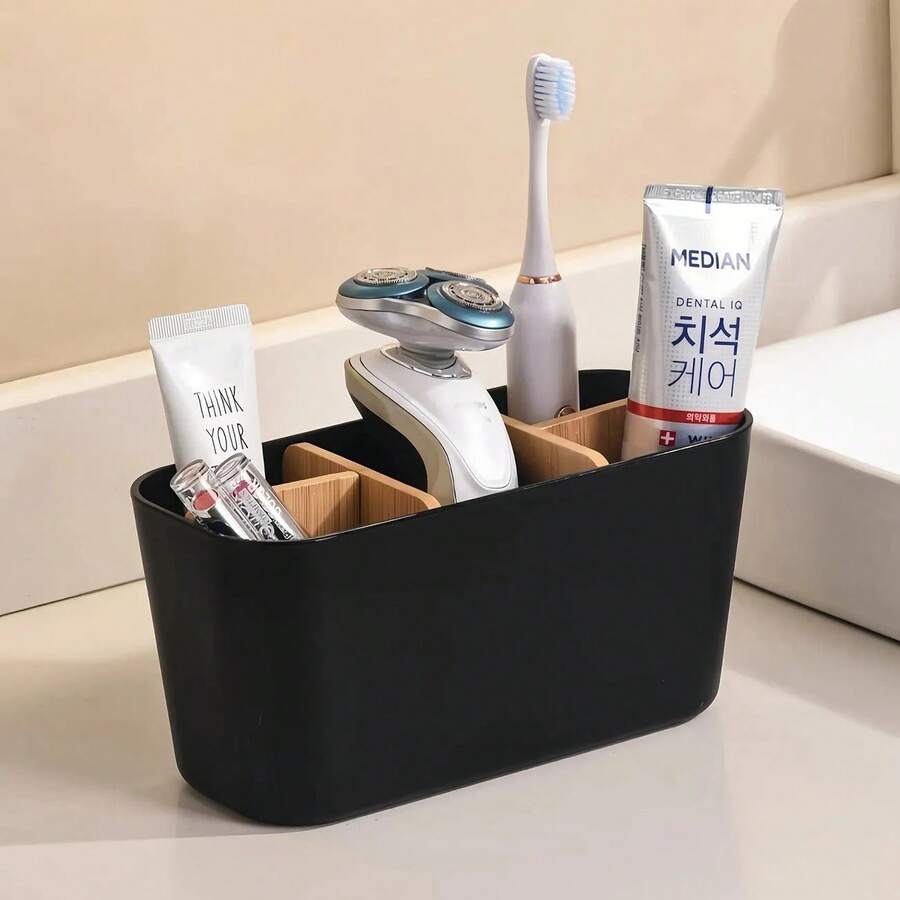 1pc Bamboo Toothbrush Holder, 5-Slot Design, Bathroom Toothbrush Organizer, Countertop Bathroom Vanity Storage Box, Suitable For Electric Toothbrush & Toothpaste
