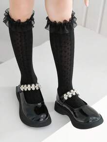 1 Pair Girls' Black Lace Calf Socks, Sweet Elegant Princess Socks, Versatile Ruffle Dance Socks For Back To School Season - Black - View 6