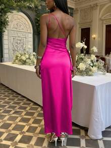 Women's Pleated Sexy One Shoulder Maxi Dress High Split Slim-Fit Cocktail Party Evening Gown,Easter Women Dress - 玫瑰紅 - 查看 2