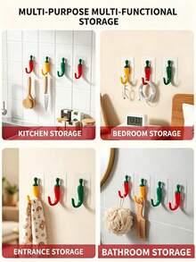 3pcs/1pc Personalized Chili Pepper Shaped Strong Self-Adhesive Hooks, Easy Installation Without Drilling. Suitable For Bathroom Towel Hooks, Closet, Kitchen And Door Key Hooks, Hair Accessory Storage Hooks And Various Holiday Party Decoration Hooks. - Chili Flavor - View 3