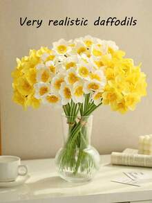 6/3/1 pieza Narcisos artificiales, Narcisos realistas blancos y amarillos, Adecuados para decoración de bodas, Decoración interior del hogar, Flores artificiales realistas para arreglos del hogar y bodas - Multicolor - Ver 2