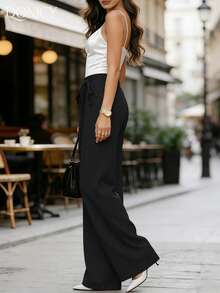 DONICY Women's Summer Black High Waist Side Tie Wide Leg Pants - Double Waistband Loose Flare Suit Pants, Suitable For Office Daily Wear - Black - View 8